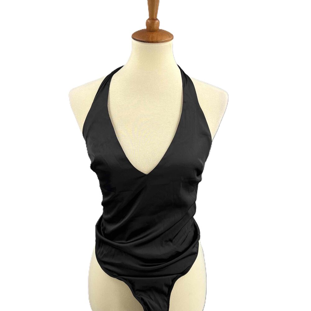 For Love & Lemons Black VNeck Zip Halter Satin Bodysuit Sexy Night Out XS‎